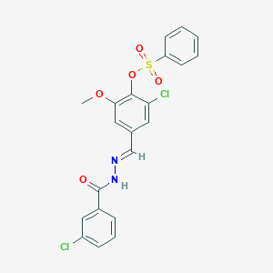 molecular formula C21H16Cl2N2O5S B423344 2-chloro-4-[(E)-{2-[(3-chlorophenyl)carbonyl]hydrazinylidene}methyl]-6-methoxyphenyl benzenesulfonate 