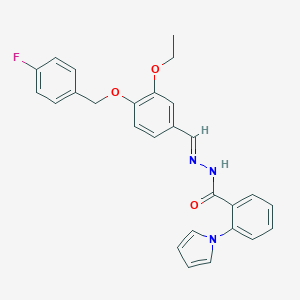 molecular formula C27H24FN3O3 B423354 N'-{3-ethoxy-4-[(4-fluorobenzyl)oxy]benzylidene}-2-(1H-pyrrol-1-yl)benzohydrazide 