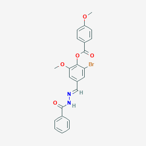 molecular formula C23H19BrN2O5 B423355 2-bromo-6-methoxy-4-{(E)-[2-(phenylcarbonyl)hydrazinylidene]methyl}phenyl 4-methoxybenzoate 