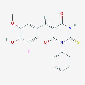 molecular formula C18H13IN2O4S B423373 5-(4-hydroxy-3-iodo-5-methoxybenzylidene)-1-phenyl-2-thioxodihydro-4,6(1H,5H)-pyrimidinedione 