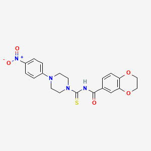 molecular formula C20H20N4O5S B4234174 N-{[4-(4-nitrophenyl)-1-piperazinyl]carbonothioyl}-2,3-dihydro-1,4-benzodioxine-6-carboxamide 