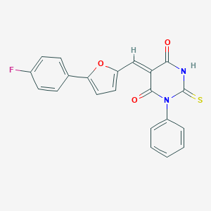 molecular formula C21H13FN2O3S B423442 5-{[5-(4-fluorophenyl)-2-furyl]methylene}-1-phenyl-2-thioxodihydro-4,6(1H,5H)-pyrimidinedione 