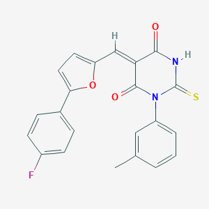 molecular formula C22H15FN2O3S B423446 5-{[5-(4-fluorophenyl)-2-furyl]methylene}-1-(3-methylphenyl)-2-thioxodihydro-4,6(1H,5H)-pyrimidinedione 