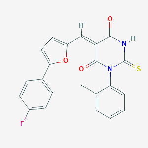 molecular formula C22H15FN2O3S B423447 5-{[5-(4-fluorophenyl)-2-furyl]methylene}-1-(2-methylphenyl)-2-thioxodihydro-4,6(1H,5H)-pyrimidinedione 