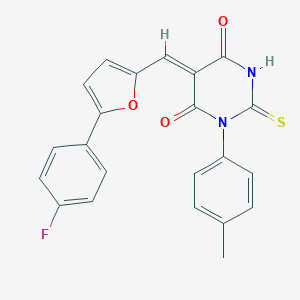 molecular formula C22H15FN2O3S B423448 5-{[5-(4-fluorophenyl)-2-furyl]methylene}-1-(4-methylphenyl)-2-thioxodihydro-4,6(1H,5H)-pyrimidinedione 