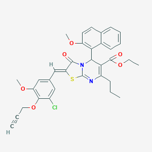 molecular formula C34H31ClN2O6S B423455 ethyl (2Z)-2-[3-chloro-5-methoxy-4-(prop-2-yn-1-yloxy)benzylidene]-5-(2-methoxynaphthalen-1-yl)-3-oxo-7-propyl-2,3-dihydro-5H-[1,3]thiazolo[3,2-a]pyrimidine-6-carboxylate 