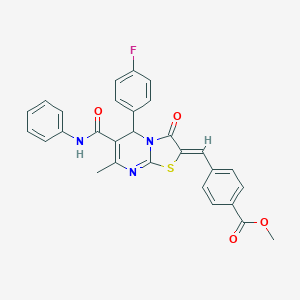 molecular formula C29H22FN3O4S B423459 methyl 4-[(6-(anilinocarbonyl)-5-(4-fluorophenyl)-7-methyl-3-oxo-5H-[1,3]thiazolo[3,2-a]pyrimidin-2(3H)-ylidene)methyl]benzoate 