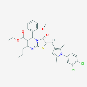 molecular formula C32H31Cl2N3O4S B423461 ethyl (2Z)-2-{[1-(3,4-dichlorophenyl)-2,5-dimethyl-1H-pyrrol-3-yl]methylidene}-5-(2-methoxyphenyl)-3-oxo-7-propyl-2,3-dihydro-5H-[1,3]thiazolo[3,2-a]pyrimidine-6-carboxylate 