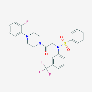 molecular formula C25H23F4N3O3S B423462 N-{2-[4-(2-fluorophenyl)-1-piperazinyl]-2-oxoethyl}-N-[3-(trifluoromethyl)phenyl]benzenesulfonamide 