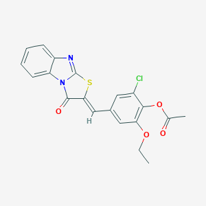 molecular formula C20H15ClN2O4S B423464 2-chloro-6-ethoxy-4-[(3-oxo[1,3]thiazolo[3,2-a]benzimidazol-2(3H)-ylidene)methyl]phenyl acetate 