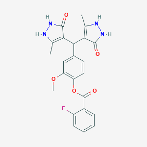 molecular formula C23H21FN4O5 B423467 4-[bis(5-hydroxy-3-methyl-1H-pyrazol-4-yl)methyl]-2-methoxyphenyl 2-fluorobenzoate CAS No. 432498-02-7