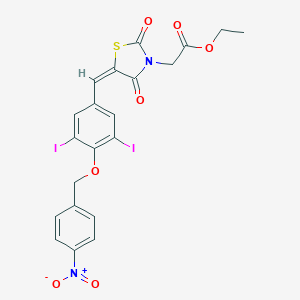 molecular formula C21H16I2N2O7S B423477 Ethyl {5-[4-({4-nitrobenzyl}oxy)-3,5-diiodobenzylidene]-2,4-dioxo-1,3-thiazolidin-3-yl}acetate 