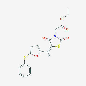 molecular formula C18H15NO5S2 B423478 ethyl [(5E)-2,4-dioxo-5-{[5-(phenylsulfanyl)furan-2-yl]methylidene}-1,3-thiazolidin-3-yl]acetate 