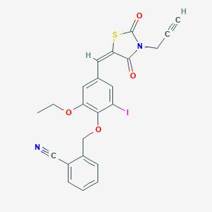 molecular formula C23H17IN2O4S B423482 2-[(4-{[2,4-Dioxo-3-(2-propynyl)-1,3-thiazolidin-5-ylidene]methyl}-2-ethoxy-6-iodophenoxy)methyl]benzonitrile 