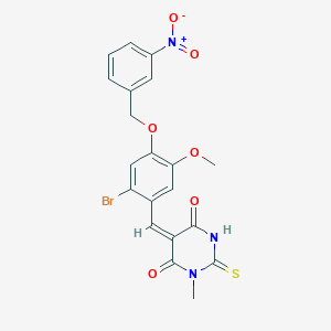 molecular formula C20H16BrN3O6S B423484 5-[2-bromo-4-({3-nitrobenzyl}oxy)-5-methoxybenzylidene]-1-methyl-2-thioxodihydropyrimidine-4,6(1H,5H)-dione 