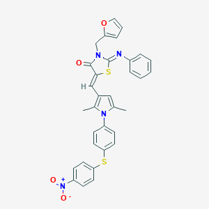 molecular formula C33H26N4O4S2 B423501 3-(2-furylmethyl)-5-({1-[4-({4-nitrophenyl}sulfanyl)phenyl]-2,5-dimethyl-1H-pyrrol-3-yl}methylene)-2-(phenylimino)-1,3-thiazolidin-4-one 