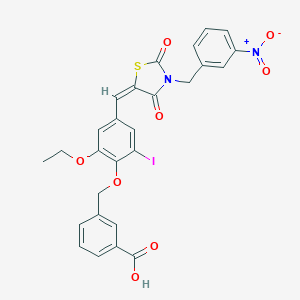 molecular formula C27H21IN2O8S B423506 3-[(2-ethoxy-6-iodo-4-{(E)-[3-(3-nitrobenzyl)-2,4-dioxo-1,3-thiazolidin-5-ylidene]methyl}phenoxy)methyl]benzoic acid 