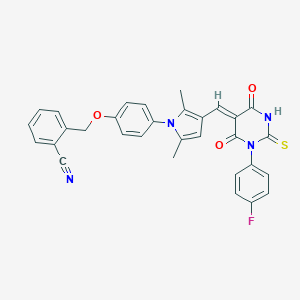 molecular formula C31H23FN4O3S B423509 2-{[4-(3-{(Z)-[1-(4-fluorophenyl)-4,6-dioxo-2-thioxotetrahydropyrimidin-5(2H)-ylidene]methyl}-2,5-dimethyl-1H-pyrrol-1-yl)phenoxy]methyl}benzonitrile 