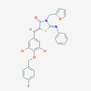 molecular formula C28H19Br2FN2O3S B423520 (2Z,5Z)-5-{3,5-dibromo-4-[(4-fluorobenzyl)oxy]benzylidene}-3-(furan-2-ylmethyl)-2-(phenylimino)-1,3-thiazolidin-4-one 