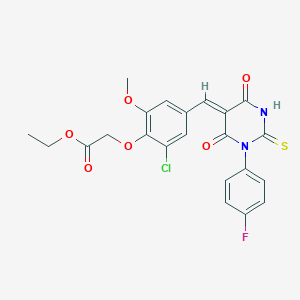 molecular formula C22H18ClFN2O6S B423524 ethyl (2-chloro-4-{(Z)-[1-(4-fluorophenyl)-4,6-dioxo-2-thioxotetrahydropyrimidin-5(2H)-ylidene]methyl}-6-methoxyphenoxy)acetate 