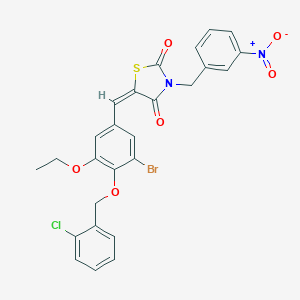 molecular formula C26H20BrClN2O6S B423536 (5E)-5-{3-bromo-4-[(2-chlorobenzyl)oxy]-5-ethoxybenzylidene}-3-(3-nitrobenzyl)-1,3-thiazolidine-2,4-dione 