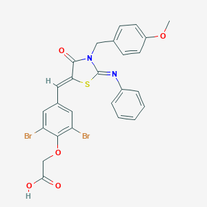 molecular formula C26H20Br2N2O5S B423548 (2,6-dibromo-4-{(Z)-[(2Z)-3-(4-methoxybenzyl)-4-oxo-2-(phenylimino)-1,3-thiazolidin-5-ylidene]methyl}phenoxy)acetic acid 