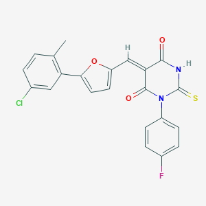 molecular formula C22H14ClFN2O3S B423552 (5Z)-5-{[5-(5-chloro-2-methylphenyl)furan-2-yl]methylidene}-1-(4-fluorophenyl)-2-thioxodihydropyrimidine-4,6(1H,5H)-dione 