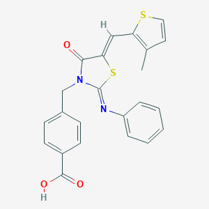 molecular formula C23H18N2O3S2 B423553 4-{[(2E,5Z)-5-[(3-methylthiophen-2-yl)methylidene]-4-oxo-2-(phenylimino)-1,3-thiazolidin-3-yl]methyl}benzoic acid 