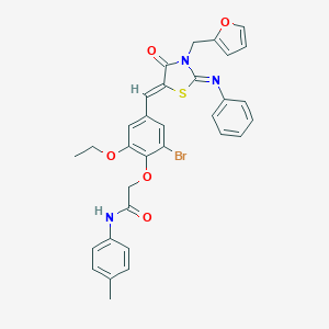 molecular formula C32H28BrN3O5S B423556 2-(2-bromo-6-ethoxy-4-{(Z)-[(2Z)-3-(furan-2-ylmethyl)-4-oxo-2-(phenylimino)-1,3-thiazolidin-5-ylidene]methyl}phenoxy)-N-(4-methylphenyl)acetamide 