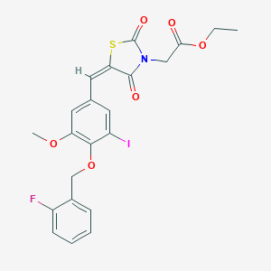molecular formula C22H19FINO6S B423560 Ethyl (5-{4-[(2-fluorobenzyl)oxy]-3-iodo-5-methoxybenzylidene}-2,4-dioxo-1,3-thiazolidin-3-yl)acetate 