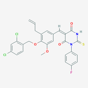 molecular formula C28H21Cl2FN2O4S B423562 5-{3-allyl-4-[(2,4-dichlorobenzyl)oxy]-5-methoxybenzylidene}-1-(4-fluorophenyl)-2-thioxodihydro-4,6(1H,5H)-pyrimidinedione 