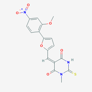 molecular formula C17H13N3O6S B423565 (5E)-5-{[5-(2-methoxy-4-nitrophenyl)furan-2-yl]methylidene}-1-methyl-2-thioxodihydropyrimidine-4,6(1H,5H)-dione 