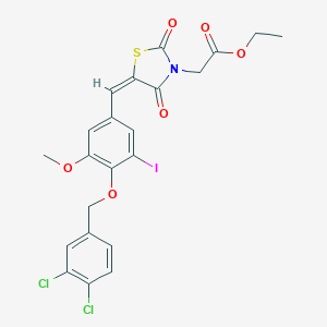 molecular formula C22H18Cl2INO6S B423567 Ethyl (5-{4-[(3,4-dichlorobenzyl)oxy]-3-iodo-5-methoxybenzylidene}-2,4-dioxo-1,3-thiazolidin-3-yl)acetate 