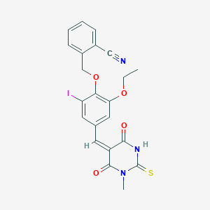 2-({2-ethoxy-6-iodo-4-[(E)-(1-methyl-4,6-dioxo-2-thioxotetrahydropyrimidin-5(2H)-ylidene)methyl]phenoxy}methyl)benzonitrile