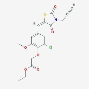 molecular formula C18H16ClNO6S B423572 ethyl (2-chloro-4-{(E)-[2,4-dioxo-3-(prop-2-yn-1-yl)-1,3-thiazolidin-5-ylidene]methyl}-6-methoxyphenoxy)acetate 
