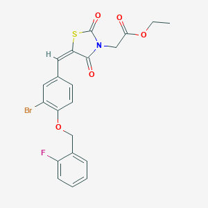 molecular formula C21H17BrFNO5S B423583 ethyl [(5E)-5-{3-bromo-4-[(2-fluorobenzyl)oxy]benzylidene}-2,4-dioxo-1,3-thiazolidin-3-yl]acetate 