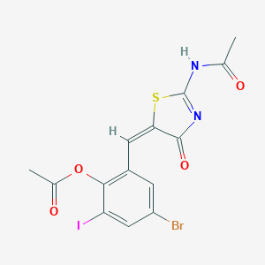 molecular formula C14H10BrIN2O4S B423585 2-{[2-(Acetylimino)-4-oxo-1,3-thiazolidin-5-ylidene]methyl}-4-bromo-6-iodophenyl acetate 