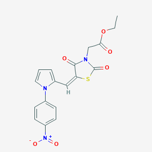 molecular formula C18H15N3O6S B423595 ethyl {5-[(1-{4-nitrophenyl}-1H-pyrrol-2-yl)methylene]-2,4-dioxo-1,3-thiazolidin-3-yl}acetate 