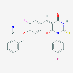 molecular formula C25H15FIN3O3S B423597 2-[(4-{(Z)-[1-(4-fluorophenyl)-4,6-dioxo-2-thioxotetrahydropyrimidin-5(2H)-ylidene]methyl}-2-iodophenoxy)methyl]benzonitrile 