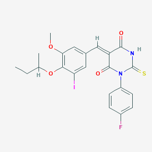molecular formula C22H20FIN2O4S B423598 5-(4-sec-butoxy-3-iodo-5-methoxybenzylidene)-1-(4-fluorophenyl)-2-thioxodihydro-4,6(1H,5H)-pyrimidinedione 
