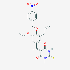 molecular formula C24H23N3O6S B423602 (5E)-5-{3-ethoxy-4-[(4-nitrobenzyl)oxy]-5-(prop-2-en-1-yl)benzylidene}-1-methyl-2-thioxodihydropyrimidine-4,6(1H,5H)-dione 