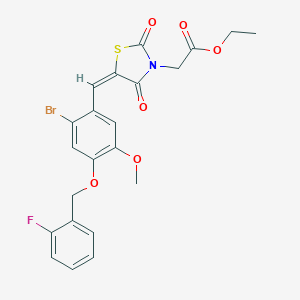 molecular formula C22H19BrFNO6S B423609 ethyl [(5E)-5-{2-bromo-4-[(2-fluorobenzyl)oxy]-5-methoxybenzylidene}-2,4-dioxo-1,3-thiazolidin-3-yl]acetate 