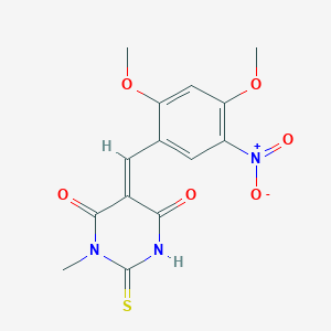 molecular formula C14H13N3O6S B423612 5-{5-nitro-2,4-dimethoxybenzylidene}-1-methyl-2-thioxodihydro-4,6(1H,5H)-pyrimidinedione 