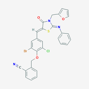 molecular formula C29H19BrClN3O3S B423621 2-[(2-bromo-6-chloro-4-{(Z)-[(2Z)-3-(furan-2-ylmethyl)-4-oxo-2-(phenylimino)-1,3-thiazolidin-5-ylidene]methyl}phenoxy)methyl]benzonitrile 