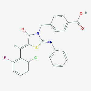 molecular formula C24H16ClFN2O3S B423622 4-{[(2Z,5Z)-5-(2-chloro-6-fluorobenzylidene)-4-oxo-2-(phenylimino)-1,3-thiazolidin-3-yl]methyl}benzoic acid 