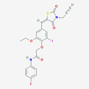 molecular formula C23H18FIN2O5S B423623 2-(4-{[2,4-dioxo-3-(2-propynyl)-1,3-thiazolidin-5-ylidene]methyl}-2-ethoxy-6-iodophenoxy)-N-(4-fluorophenyl)acetamide 