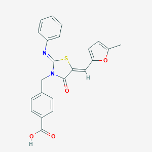 molecular formula C23H18N2O4S B423636 4-{[(2Z,5Z)-5-[(5-methylfuran-2-yl)methylidene]-4-oxo-2-(phenylimino)-1,3-thiazolidin-3-yl]methyl}benzoic acid 