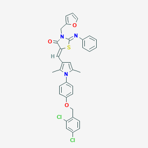 molecular formula C34H27Cl2N3O3S B423650 (2Z,5Z)-5-[(1-{4-[(2,4-dichlorobenzyl)oxy]phenyl}-2,5-dimethyl-1H-pyrrol-3-yl)methylidene]-3-(furan-2-ylmethyl)-2-(phenylimino)-1,3-thiazolidin-4-one 