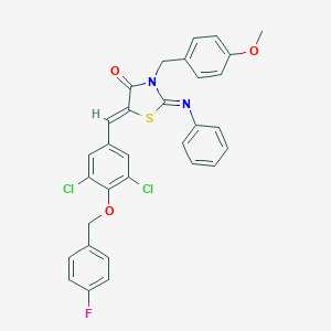 molecular formula C31H23Cl2FN2O3S B423653 (2E,5Z)-5-{3,5-dichloro-4-[(4-fluorobenzyl)oxy]benzylidene}-3-(4-methoxybenzyl)-2-(phenylimino)-1,3-thiazolidin-4-one 