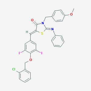 molecular formula C31H23ClI2N2O3S B423654 (2E,5Z)-5-{4-[(2-chlorobenzyl)oxy]-3,5-diiodobenzylidene}-3-(4-methoxybenzyl)-2-(phenylimino)-1,3-thiazolidin-4-one 